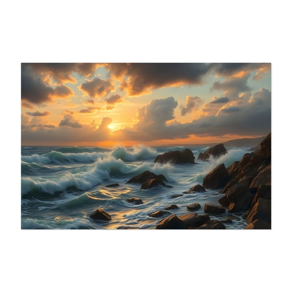 Golden Hour at the Rugged Coast - Painting Sunset Seascape Waves Ocean Coast Landscape Nature Unframed Wall Art Print 20 x 28 inches