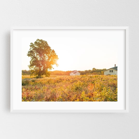 Golden Hours - Maine Photography Sunset Rural Landscape Farmhouse Scenic Nature Autumn White Framed Wall Art Print 5 x 7 inches