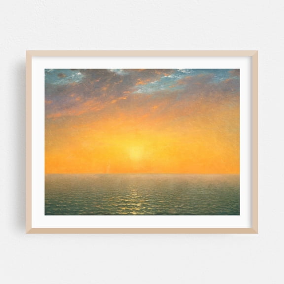 Golden Hues Embrace the Tranquil Open Sea - Painting Sunset Seascape Ocean Minimalist Landscape Calm Nature Oak Framed Wall Art Print 5 x 7 inches