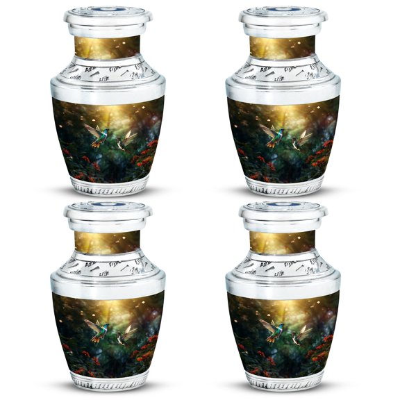 Golden Humming Bird Modern Compact Cremains Box - Sleek Design for Adult Female Farewell Funeral Urns For Human Ashes - Memorial Urns 3 Inch, Set Of 4