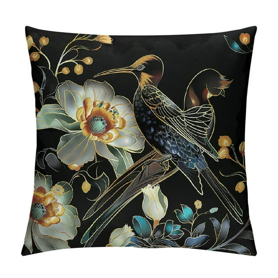 Golden Hummingbird Pattern Pillow Cover 20X20 Inch Cute Bird Wild Animal Square Throw Pillow Cover for Teens Adult Bedroom Decor Black Leaves Modern Plant Decorative Cushion Cover,2 Pack