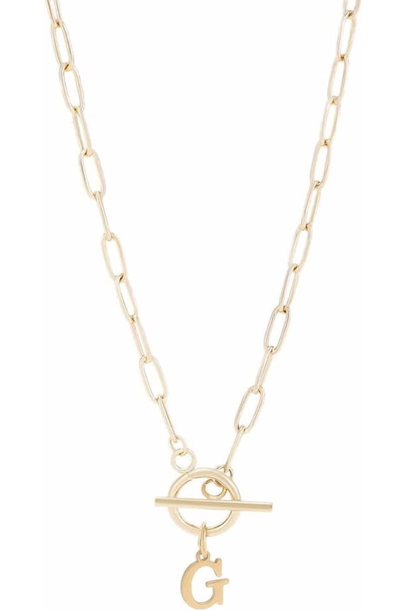 Golden Initial Toggle Clasp Necklace Dainty 304 Stainless Steel Letter A-Z Pendant Necklace 18" Thick Chain OT Buckle Necklace Personalized Monogram Name Necklace for Women Gold