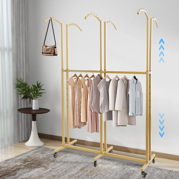 Golden Iron 158x116x50cm Six-Arm Elbow Clothes Hanger With Roller Clothing Display Rack With Adjustable Height