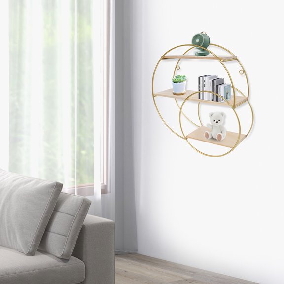 Golden Iron Pine 3-Layer Shelf with Double Circles and Irregular Design Wall Storage Rack
