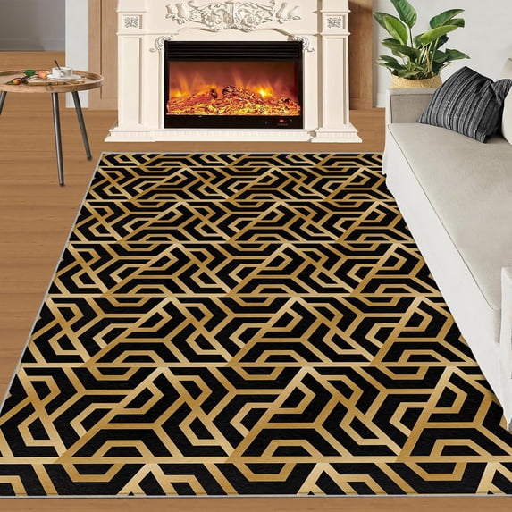 Golden Irregular Shaped Lines Black Rug, Abstract Gold Stripes Bathroom Rugs Washable Rugs, Apply To Bedroom Bedside Kitchen Game Room Dormitory Corridor Balcony 4x5ft