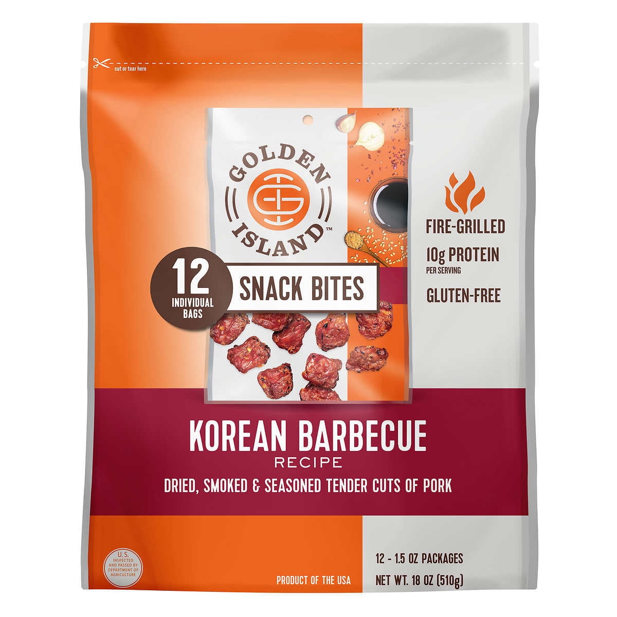Golden Island Tender BBQ Jerky Pork Snack Bites, Korean Barbecue, 1.5