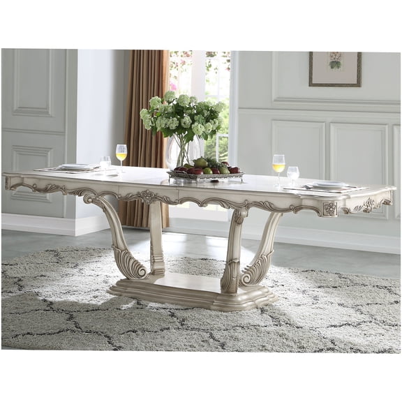 Golden Ivory Finish Dining Table with Removable Leaf, Elegant Pedestal Base Design