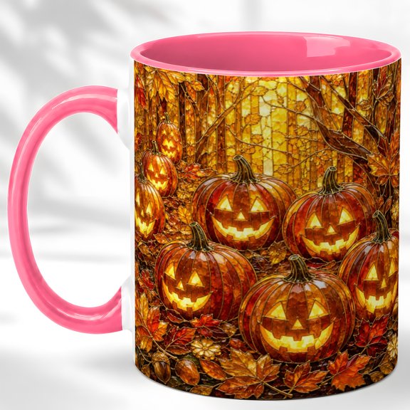 Golden Jack O Lantern Coffee Mug, Autumn Forest Mug, Ceramic 11 oz