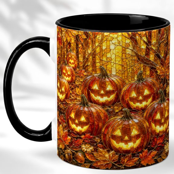 Golden Jack O Lantern Coffee Mug, Autumn Forest Mug, Ceramic 11 oz