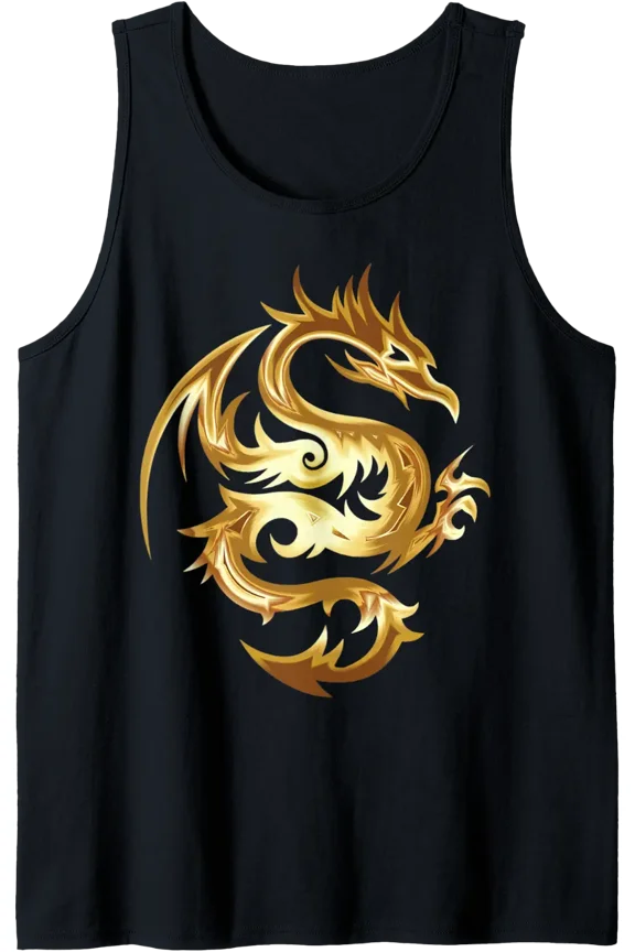 Golden Japanese Dragon Fantasy Folklore Mythology Tank Top Size S-3XL