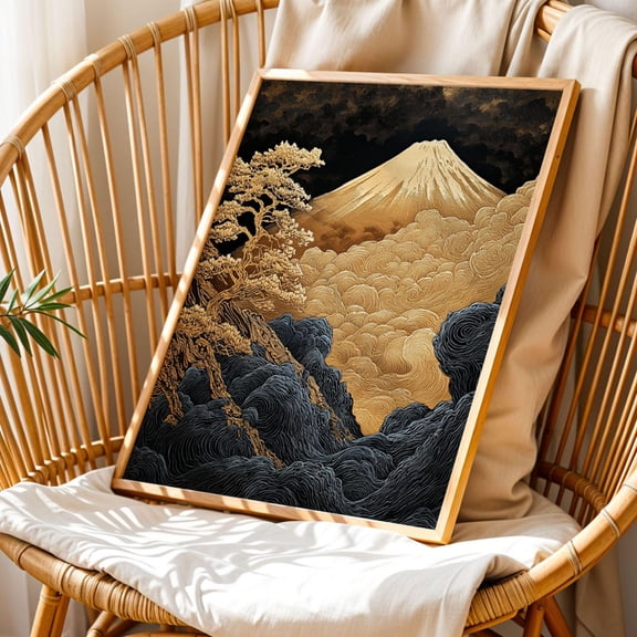 Golden Japanese Mountain Print Poster Mount Fuji Art Japanese Landscape Wall Art Gold Cloud Print Poster Japanese Decor Japandi Wall Art Poster Decor Gift, Size 12x18 UNFFRAMED F03.1.6l1752