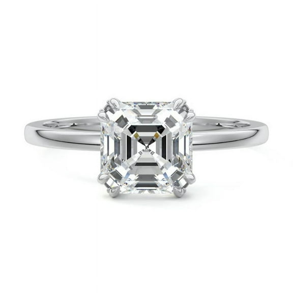 Golden Jewelry 14K White Gold Plated Rings - 1.9 Ct Asscher Cut Moissanite Rings - Engagement Double Prong Solitaire Ring - Wedding Simple Single Moissanite Ring - Special Occasion Ring