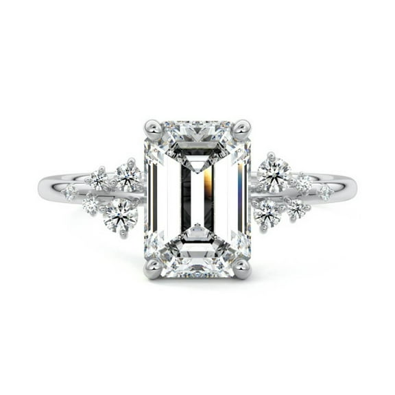 Golden Jewelry Brilliant 1.8 Ct Emerald Cut Moissanite Wedding Ring - Engagement Bridesmaids Ring - 14K White Gold Plated Women's Ring - Side Stone Moissanite Ring for Women's - Christmas Gifts