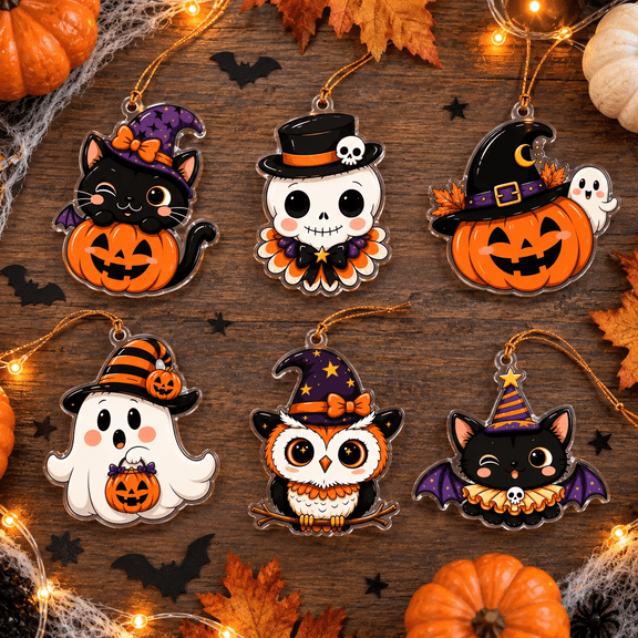 Golden Keeps Cute Halloween Acrylic Ornaments, Set of 6 Cat Ghost Pumpkin