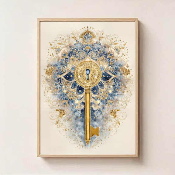Golden Key Wall Art Abundance Success Protection Symbol Print, Unframed Paper Poster 8x10in