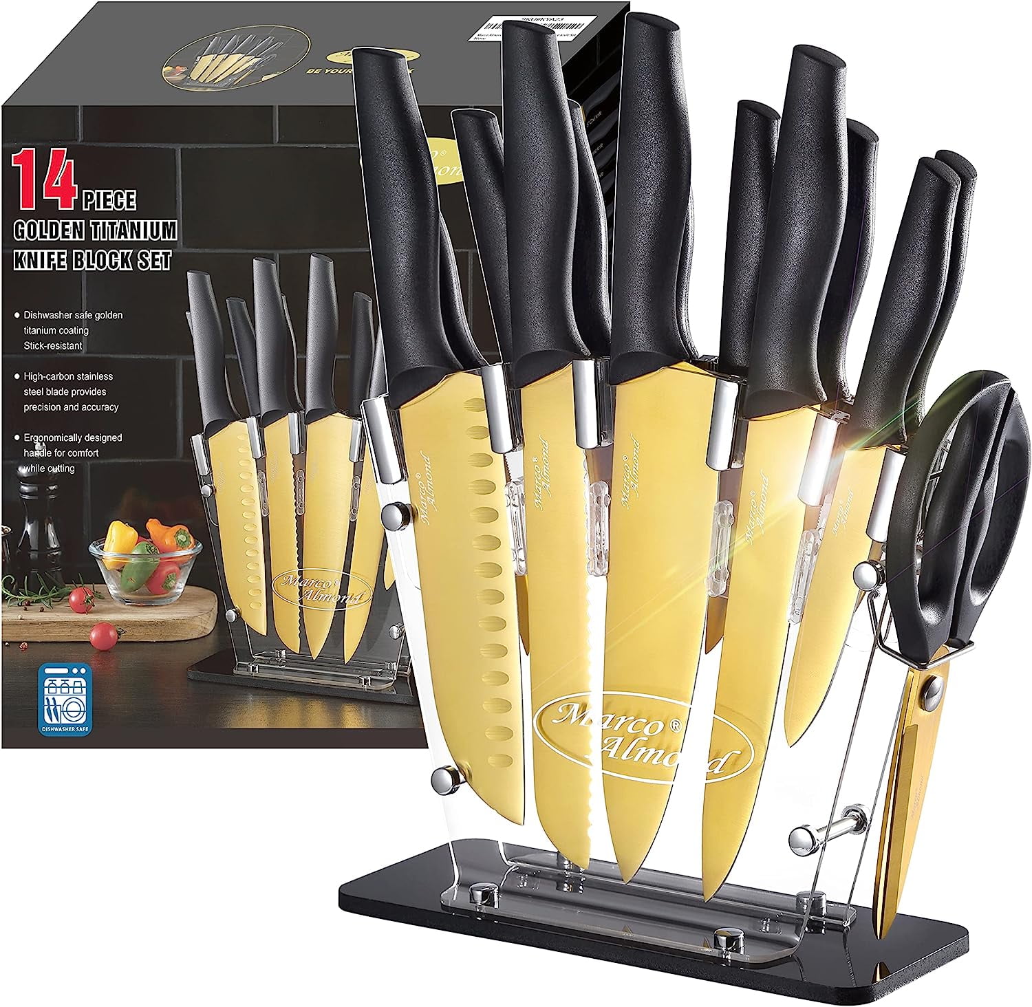 Marco Almond Dishwasher Safe MA23 Black Kitchen Knife Set, 17 Pieces Stainless Steel Knives Sets for Kithcen with Block and Sharpener