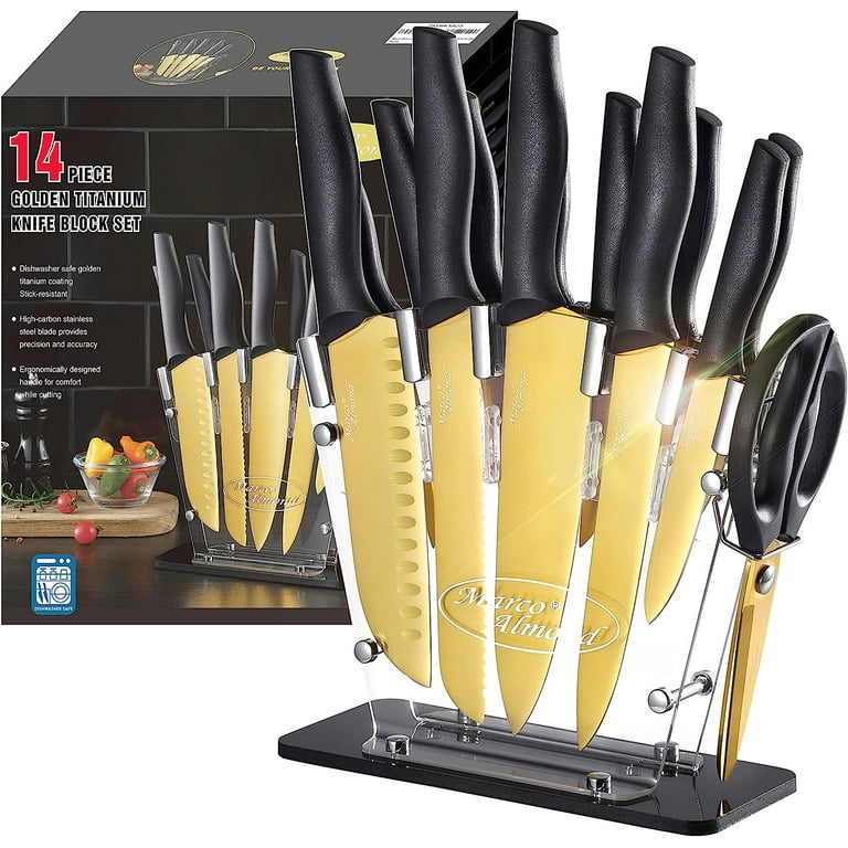 and Gold Knife Set with Block Self Sharpening - 14 PC Coated Gold
