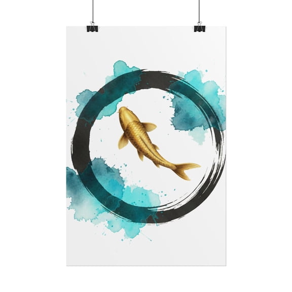 Golden Koi Fish Art Print, Enso Circle Zen Poster, Japanese Water Art, Unframed Paper Poster 24x36in