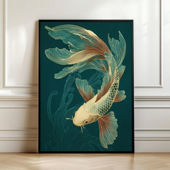 Zen Fish Design Golden Koi Fish Poster, Japanese Art, Teal Gold Zen, Elegant Minimal ...