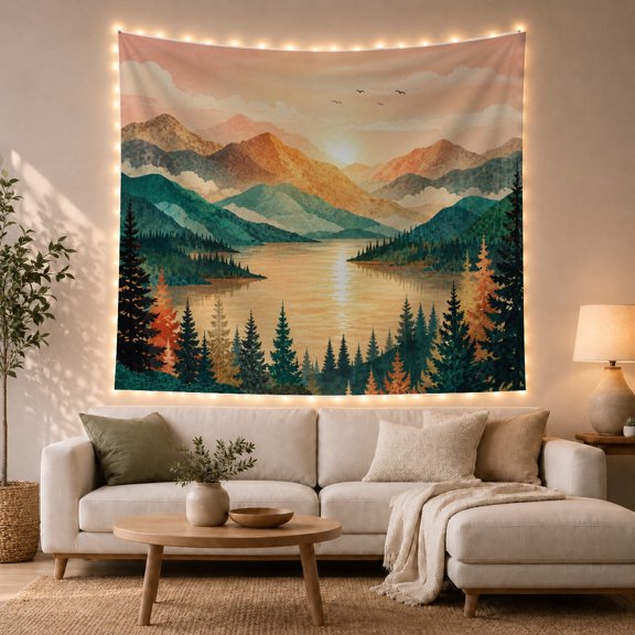 Golden Lake and Layered Mountains with Evergreen Forests Nostalgic Illustration for Nature Lovers, Scenic Wall Art Print, Housewarming Gift, Tapestry Wall Hanging for Living Room and Bedroom