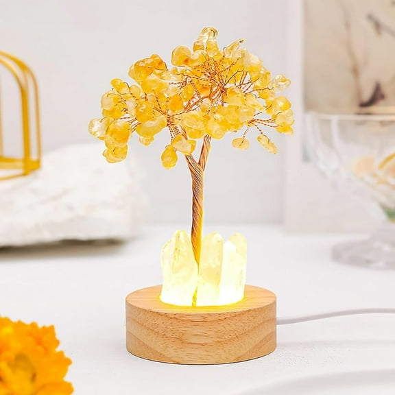 Golden Lamp of Wealth - Citrine Tree, Handmade Natural Crystal Tree Night Light with Wooden Base, USB-Powered Wealth & Positivity Decor for Home, Office, Living Room, Bedroom