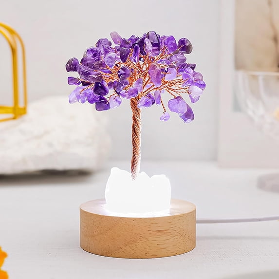 Golden Lamp of Wealth - Citrine Tree Night Light, Handmade Crystal Money Tree with Wood Base for Home Office Decor, Luck & Prosperity