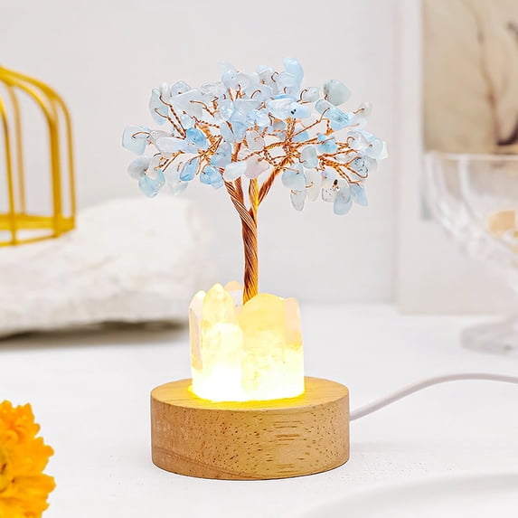 Golden Lamp of Wealth - Citrine Tree Night Light, Handmade Crystal Money Tree with Wood Base for Home Office Decor, Luck & Prosperity