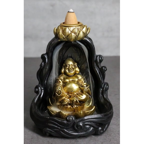 Golden Laughing Buddha Hotei On Black Cloud Lotus Backflow Incense Cone Burner