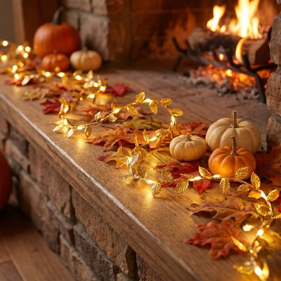 Golden Leaf Copper Wire String Lights with Battery-Powered Flashing for Christmas Thanksgiving Decor, 78.74-Inch Rattan Leaf Fairy Lights for Home Indoor Outdoor