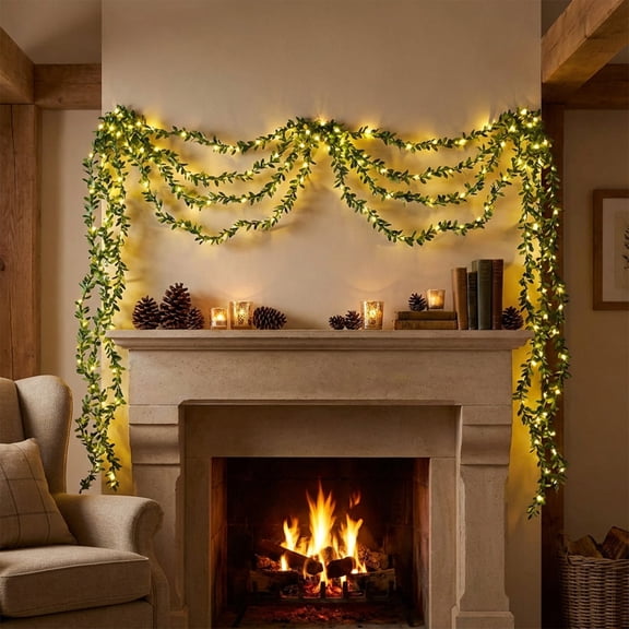 Golden Leaf LED Light String, 78.7 Inch Christmas Tree Vine Lights with Fabric Leaves, Warm Glow Battery Operated Garland for Holiday Mantel Window Wall Party Decor