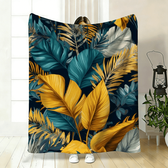 Golden Leaf Print Throw, Versatile Polyester Blanket for Couch Bed, Fun Vibrant Display, Unique All-Season Comfort Present