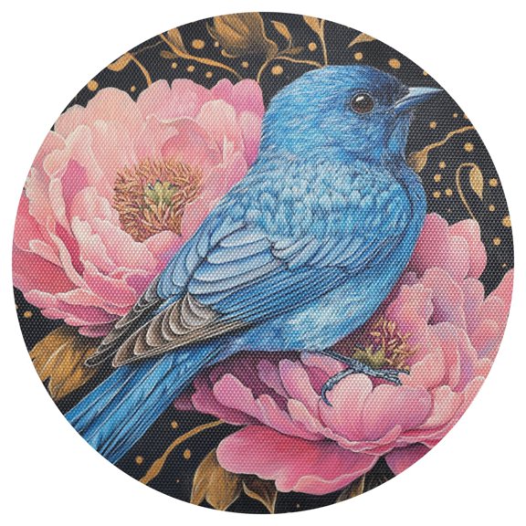 Golden Leaves Bluebirds on Pinkish Peonies PVC Round Grid Placemat Table Mat 1 Pc 15.4" x 15.4"