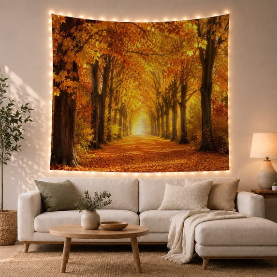 Golden Leaves on a Forest Path in Autumn, Serene Boho for Nature Lovers, Wall Art Decor Thanksgiving Gift Tapestry Wall Hanging for Living Room and Dorm