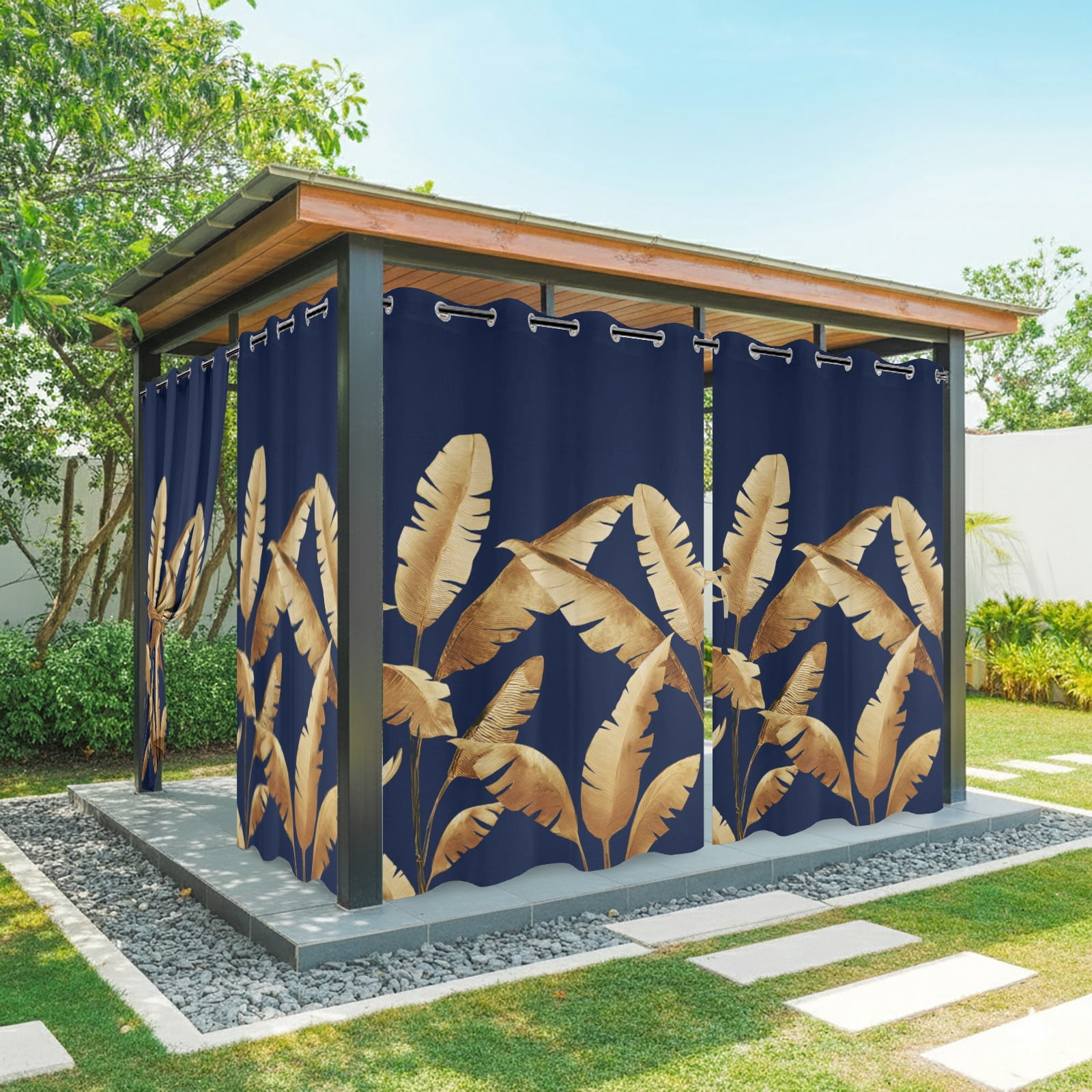 Golden Leaves Outdoor Curtains for Patio, Summer Night Sky Tropical Plants Sunshade Privacy Drapes Grommet Waterproof Outside Curtains for Porch/Cabana/Balcony 54"x 108", 1 Panel