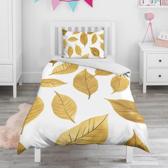 Golden Leaves Pattern Duvet Cover and Pillowcase Set for Single Bedding, Bedroom Accessories for Kids Teens