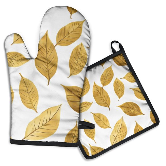 Golden Leaves Pattern Kitchen Oven Mitt and Pot Holder Sets 2 Pcs for Baking, Cooking and Grilling, Heat Resistant Up To 392 °F