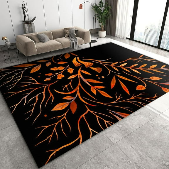 Golden Leaves Rug, Simple Black Rugs for Bedroom, Easy Clean Rug Non Skid Washable Rugs for Living Room Office Indoor Camping Rug Carpet Lounge-4x6ft