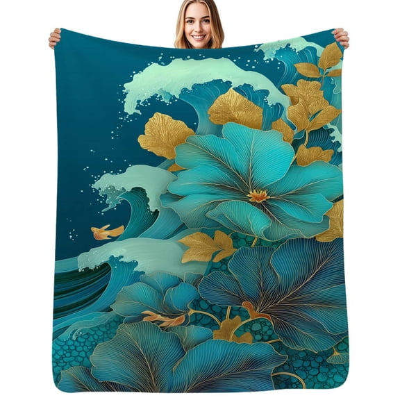 Golden Leaves and Blue Waves Flannel Blankets Soft Warm Throw Blanket Autumn Camping Bedroom Aesthetic Bedspread