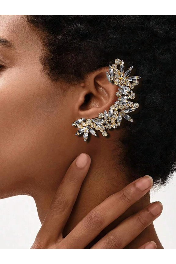 Golden Left Ear Cuff Earring, Crystal-Embellished Clip-On Ear Cuff, Elegant Floral Design