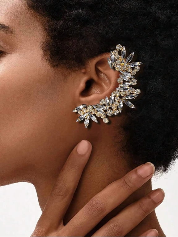 Golden Left Ear Cuff Earring, Crystal-Embellished Clip-On Ear Cuff, Elegant Floral Design