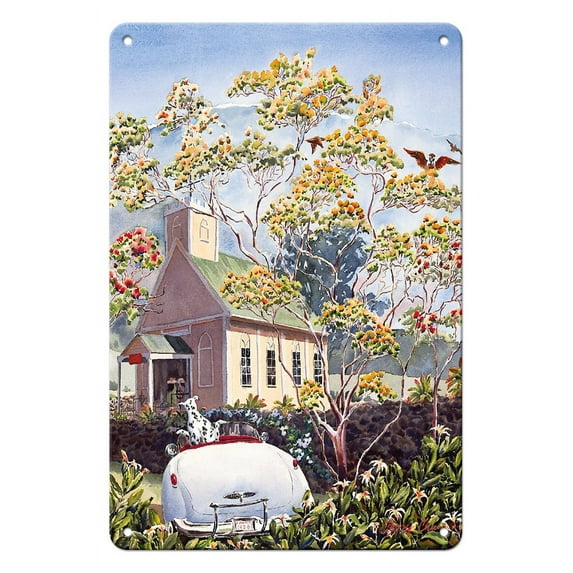 Golden Lehua Tree - Hawaiian Ohia with Yellow Blossoms (Lehua Mamo) - From an Original Hawaii Watercolor Painting by Peggy Chun - 8 x 12 inch Vintage Metal Tin Sign