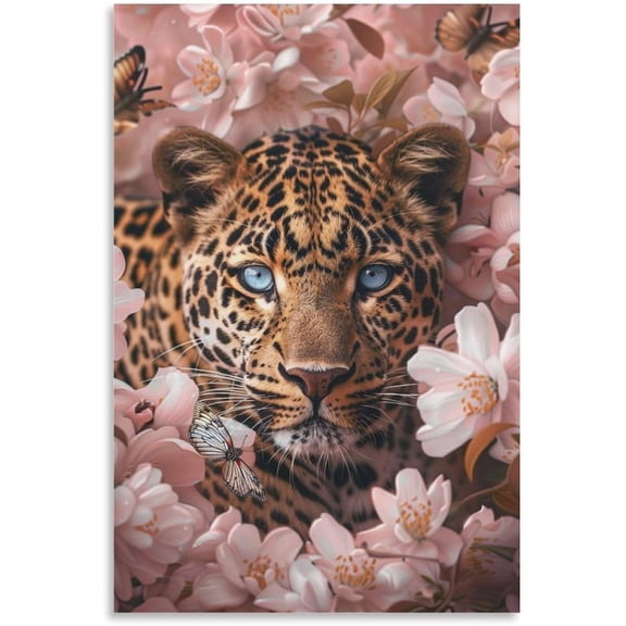 Golden Leopard Print Glittering Blue Eyes in Peach Forest Painting Canvas Art Panel Animal Picture Art Frame Modern Poster Decor Canvas Decor Home Decor 12x16 inch Unframed