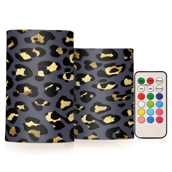 Golden Leopard Print Pattern Flameless LED Candle Set with Remote, Battery Operated Color Changing Pillar Candles, Set of 2