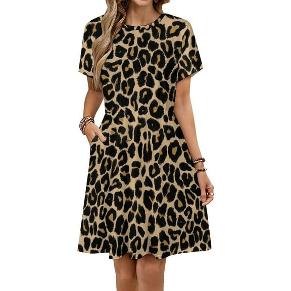 Golden Leopard Sundress Short Sleeve Dress Summer Women Clothes Dress for Women Dresses
