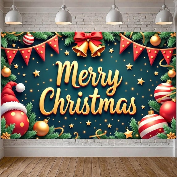 Golden Letter Christmas Banner Red Green Theme Merry Christmas Banner Christmas Bell Golden Star Holiday Banner for Christmas Party Family Gathering Indoor Decoration