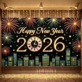 thumbnail image 1 of Golden Letter Happy New Year Banner Fireworks Design 2026 Banner Star Pattern Clock Holiday Banner for New Year Party Indoor Celebration New Year Eve, 1 of 9