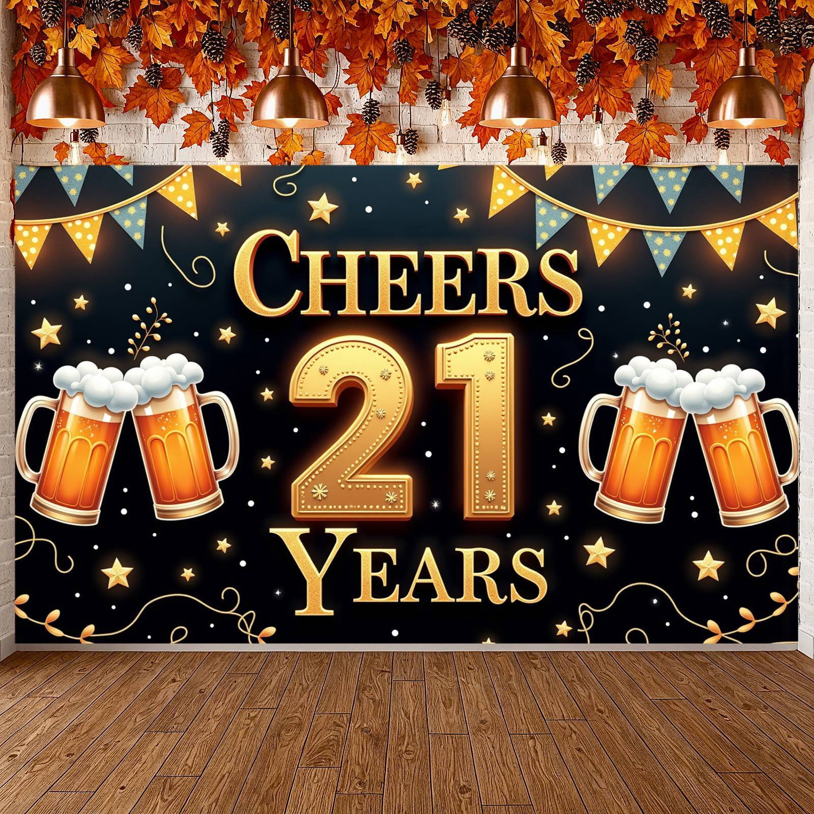 Golden Lettering 21st Birthday Banner Beer Mug Design Cheers Display ...