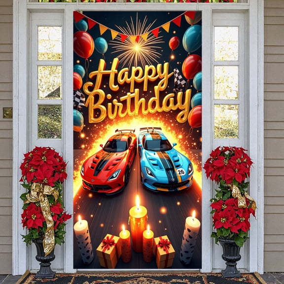 Golden Lettering Happy Birthday Banner Red & Blue Color Scheme Birthday Backdrop Race Car Design Checkered Flag Celebration Background for Boys Birthday Parties Indoor Party Decor Birthday Photo
