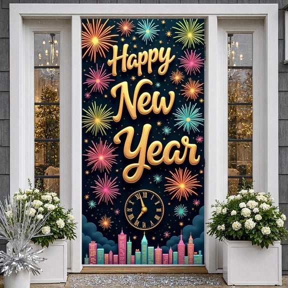 Golden Lettering Happy New Year Banner Colorful Fireworks New Year Backdrop Clock Design City Festive Backdrop for New Year Party New Year's Eve Family Gathering