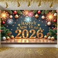 thumbnail image 1 of Golden Lettering Happy New Year Banner Firework Design 2026 Display Christmas Ornaments Pine Branches New Year Backdrop for New Year Party Holiday Celebration Indoor Decoration, 1 of 9